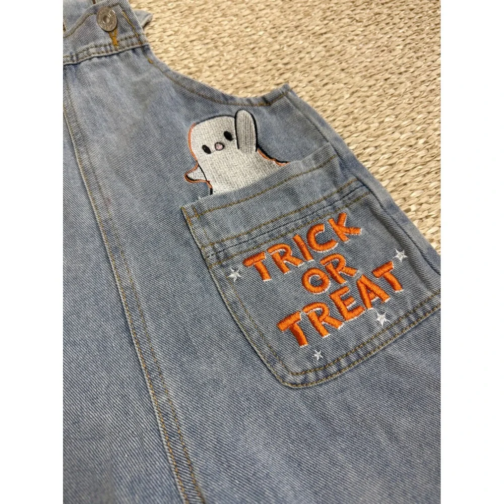 Halloween Denim Overalls Trick or Treat Pumpkin Ghost Embroidery 2T 3T toddler